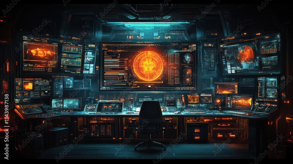 Futuristic control room with glowing screens displaying global data and a fiery orb. Futuristic control room with glowing screens displaying global data and a fiery orb.