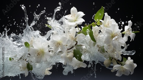 White jasmine flowers, with splashes of water  Generate AI