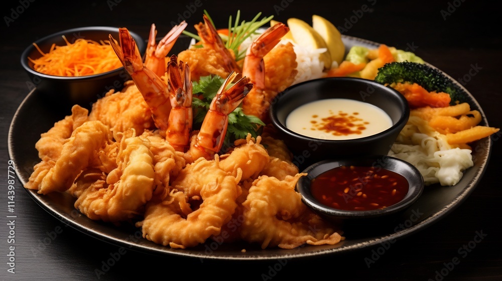 Elegant Japanese Tempura Platter with Crispy Fried Shrimp and Assorted Vegetables Served on a Wooden Tray or Plate Elegant Japanese Tempura Platter with Crispy Fried Shrimp and Assorted Vegetables Served on a Wooden Tray or Plate