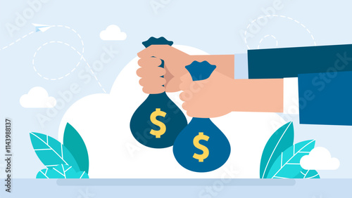 Man hand giving and holding money. Bribery money bag. Business person arm receiving cash bag gift or salary, credit grant idea or loan give with bank person or win prize. Vector illustration