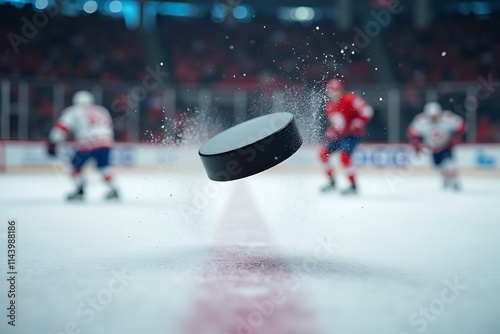 Dynamic Hockey Puck Flying Through Ice Spray