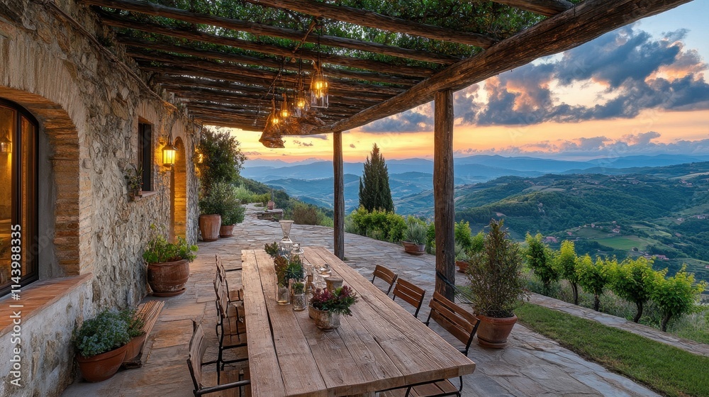 Rustic Italian villa patio at sunset, wooden table set for dinner. Perfect for travel, real estate, or lifestyle websites showcasing idyllic settings. Rustic Italian villa patio at sunset, wooden table set for dinner. Perfect for travel, real estate, or lifestyle websites showcasing idyllic settings.