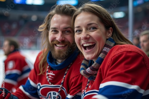 Joyful Couple in Matching Canadiens Jerseys at Hockey Game
