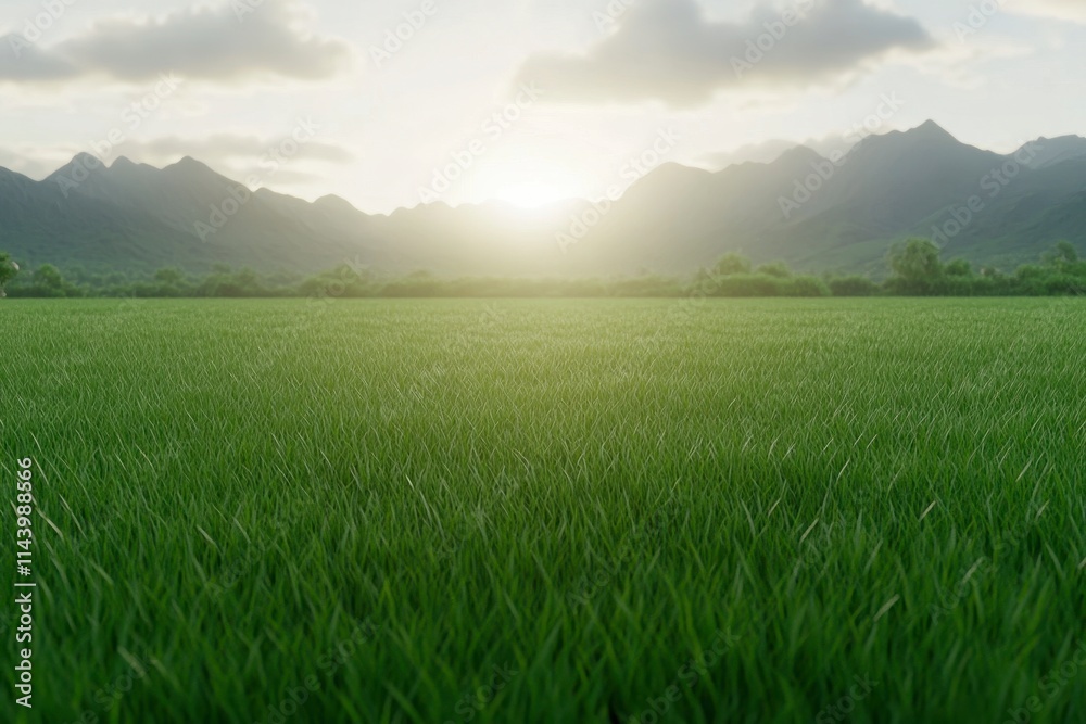 Lush green field at sunset with mountains in the background. Lush green field at sunset with mountains in the background.