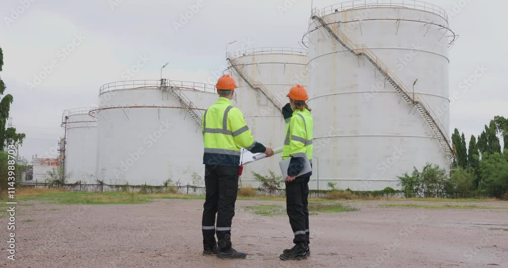 Engineer worker using blueprint checking for installing project at petrochemical factory or refinery oil plant industrial. Survey and inspecting for safety and quality of the production, 4k video Engineer worker using blueprint checking for installing project at petrochemical factory or refinery oil plant industrial. Survey and inspecting for safety and quality of the production, 4k video