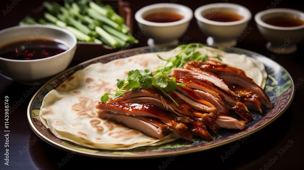 Closeup Top View of Sliced Roasted Chinese Peking Duck Dish Served with Pancakes and Hoisin Sauce on a Plate or Platter Traditional Asian Cuisine Concept Closeup Top View of Sliced Roasted Chinese Peking Duck Dish Served with Pancakes and Hoisin Sauce on a Plate or Platter Traditional Asian Cuisine Concept