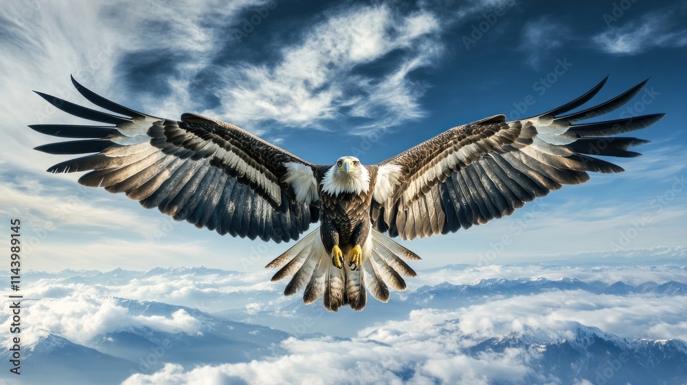 Fototapeta premium Majestic bald eagle in flight above clouds, wings spread wide.
