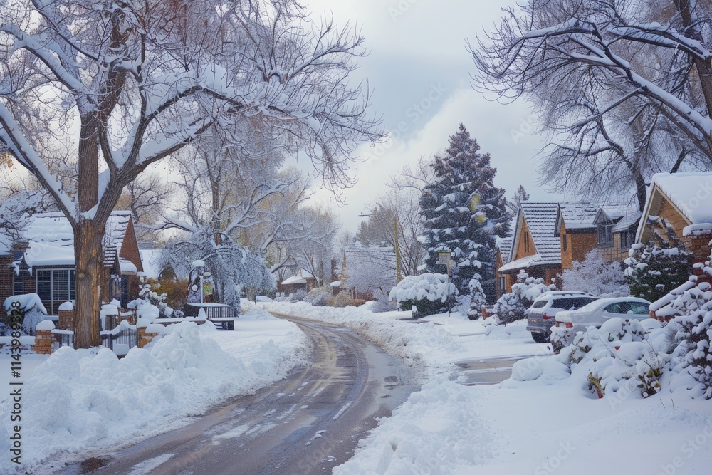 Snowy Streets. Cold Winter Scene in American Suburb with Modern Architecture Snowy Streets. Cold Winter Scene in American Suburb with Modern Architecture
