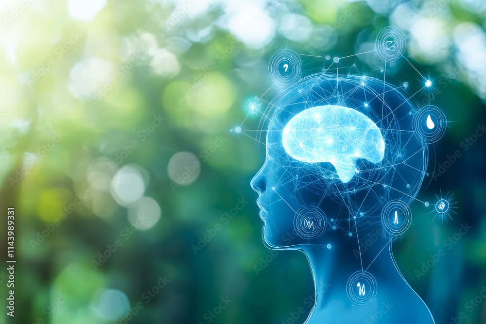 Futuristic ai interface with human brain and network connections in nature background