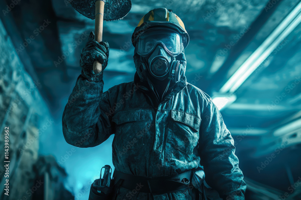 Naklejka premium Caucasian male in protective gear underground holding hammer in dimly lit environment