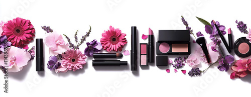 Pink color palette, pink flowers, a makeup brush and a lipstick on the right side of the frame photo