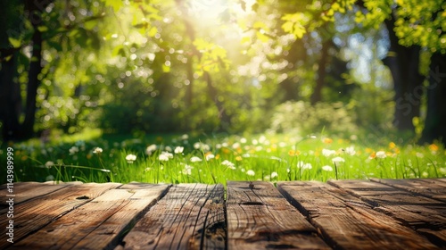 Wallpaper Mural Spring Backyard. Wooden Table in Sunny Spring Forest with Bokeh Background Torontodigital.ca