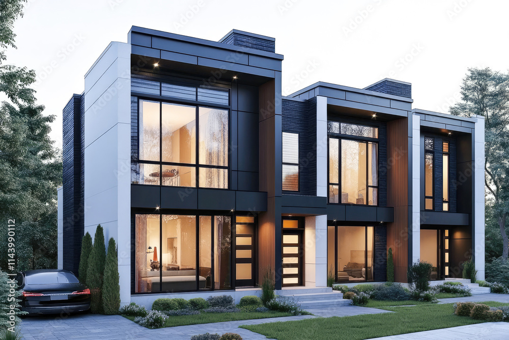 Modern luxury townhouse with large windows and sleek design at dusk Modern luxury townhouse with large windows and sleek design at dusk