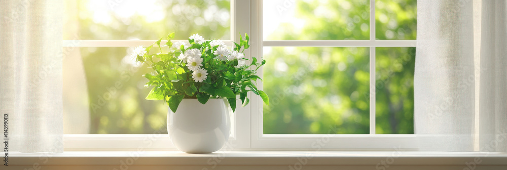 Fototapeta premium Sunlit White Flowers in a Pot by the Window