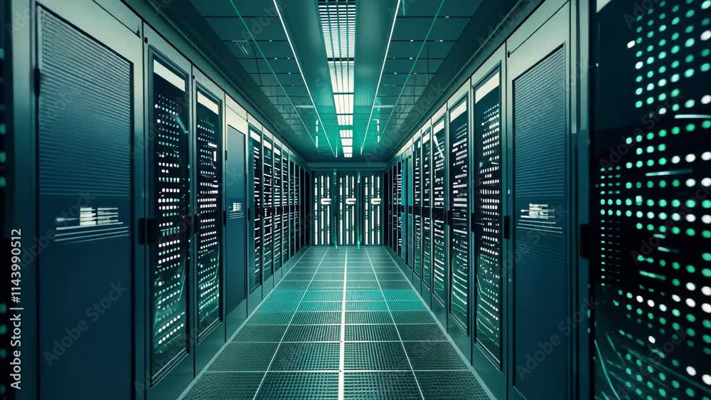 A sleek corridor of a modern data center features rows of servers illuminated with green lighting, conveying a sense of high-tech operation at night. A sleek corridor of a modern data center features rows of servers illuminated with green lighting, conveying a sense of high-tech operation at night.