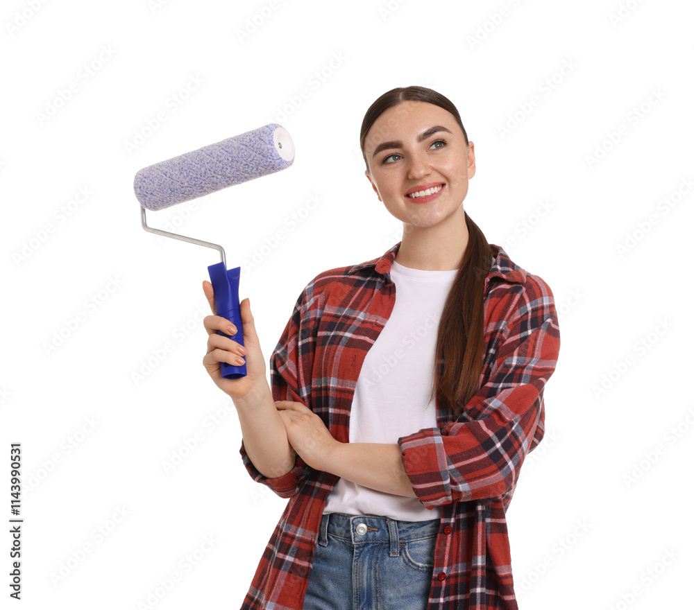 Portrait of young decorator with paint roller on white background Portrait of young decorator with paint roller on white background