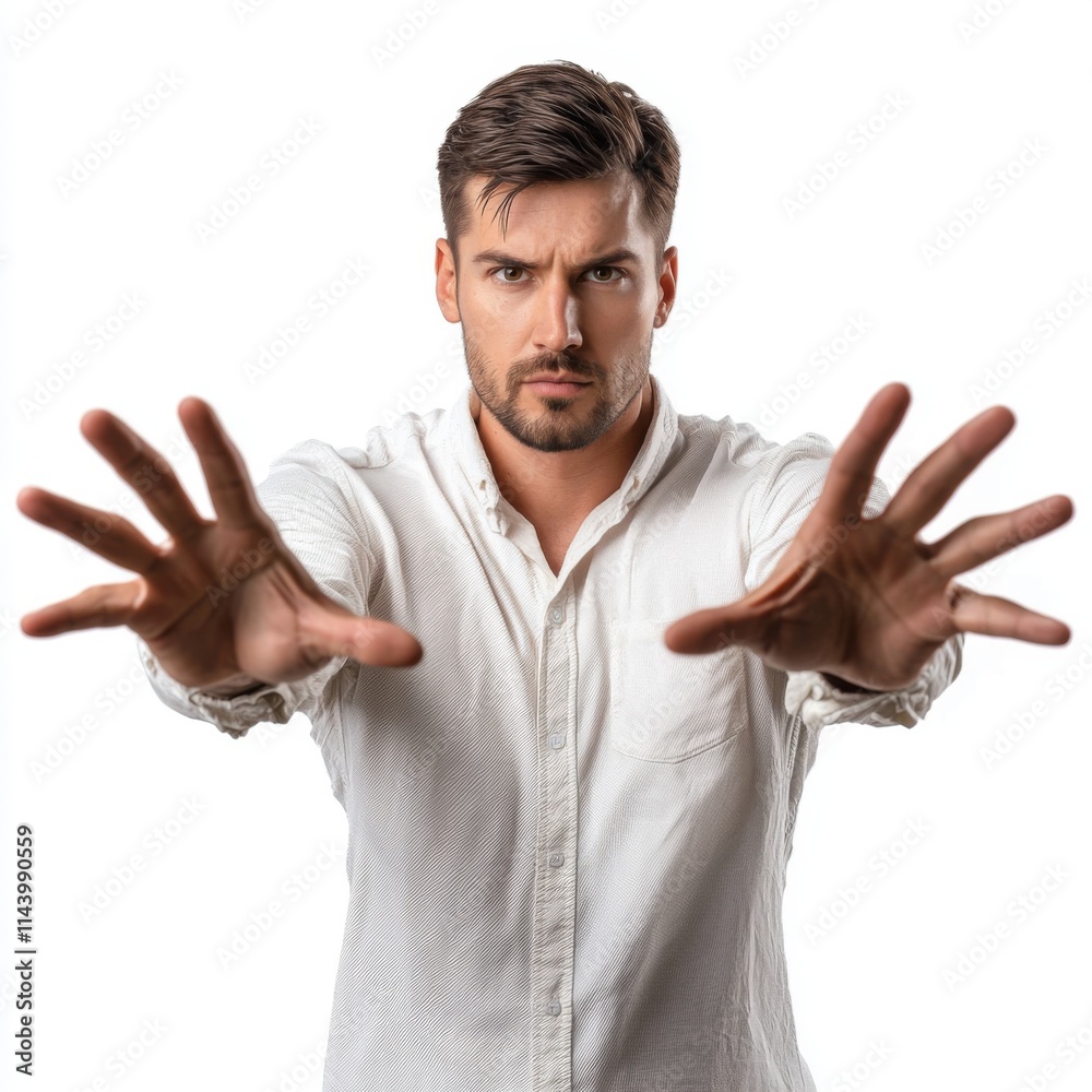 Confident Man Reaching Forward with Outstretched Hands in Studio Setting with Serious Expression