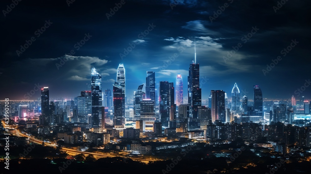 Panoramic view of Bangkok s modern skyline featuring a striking display of illuminated skyscrapers and high rise buildings against the night sky Panoramic view of Bangkok s modern skyline featuring a striking display of illuminated skyscrapers and high rise buildings against the night sky