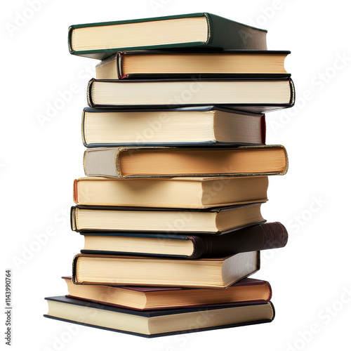 A tall stack of books is set against a crisp transparent background, featuring a variety of colors and sizes, up a stack of books on transparent backgroundfile photo