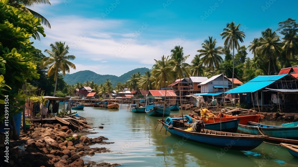 Vibrant Wooden Fishing Boats Docked Along the Shores of a Picturesque Thai Coastal Village Showcasing the Traditional Maritime Culture and Scenery of the Region Vibrant Wooden Fishing Boats Docked Along the Shores of a Picturesque Thai Coastal Village Showcasing the Traditional Maritime Culture and Scenery of the Region