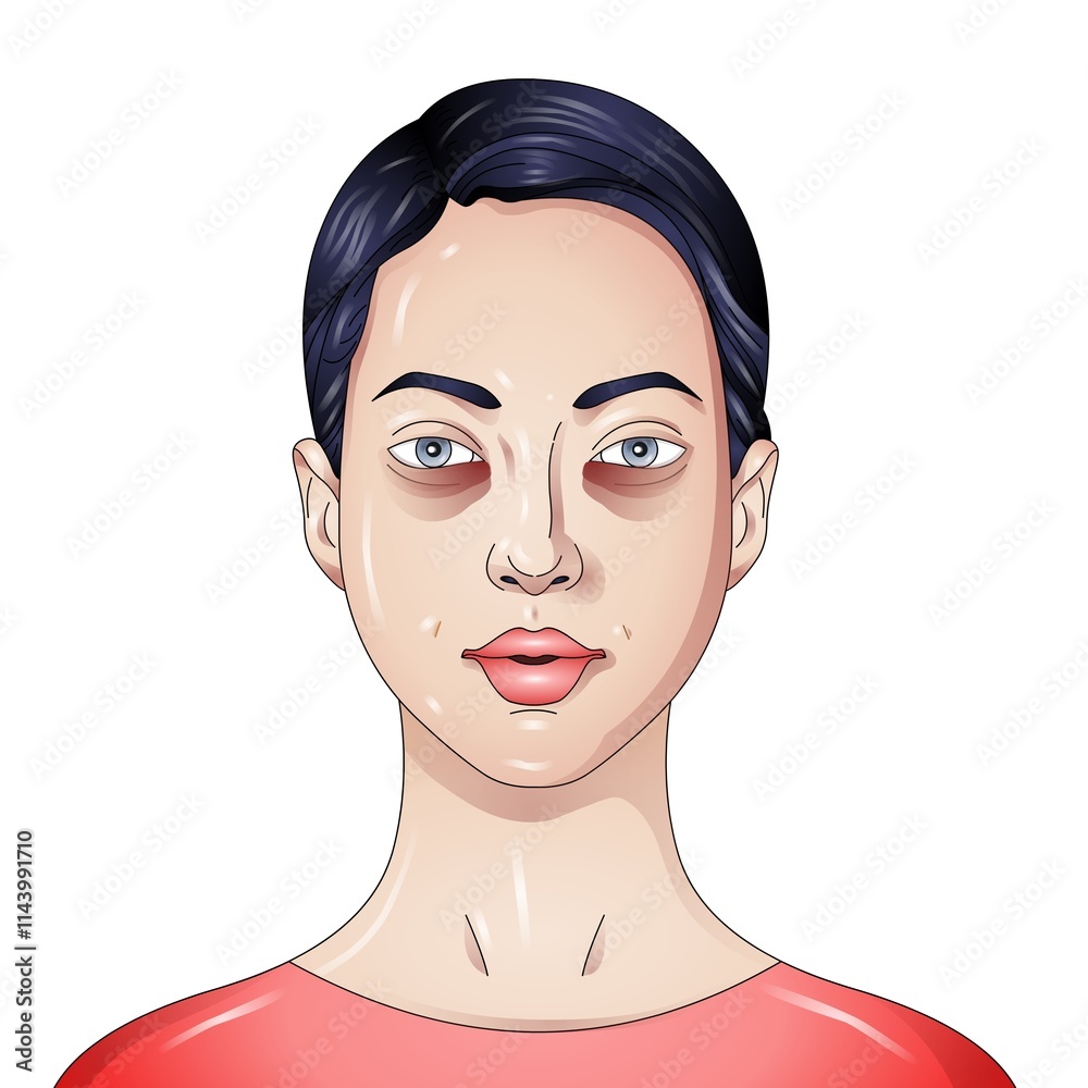 A stylized portrait of a person features smooth skin with prominent under-eye shadows and dark hair. The person's expression is neutral, and they are wearing a red shirt. A stylized portrait of a person features smooth skin with prominent under-eye shadows and dark hair. The person's expression is neutral, and they are wearing a red shirt.