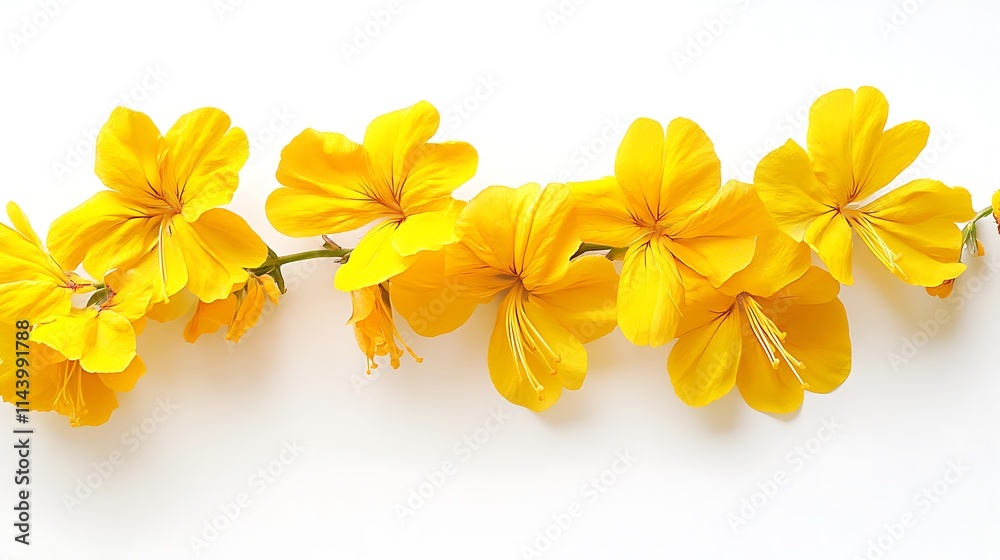 Yellow flowers arranged in a row on white background.