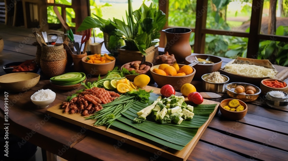 Traditional Thai Cooking Class with Fresh Ingredients Laid Out on a Rustic Bamboo Table for a Hands on Culinary Learning Experience Traditional Thai Cooking Class with Fresh Ingredients Laid Out on a Rustic Bamboo Table for a Hands on Culinary Learning Experience
