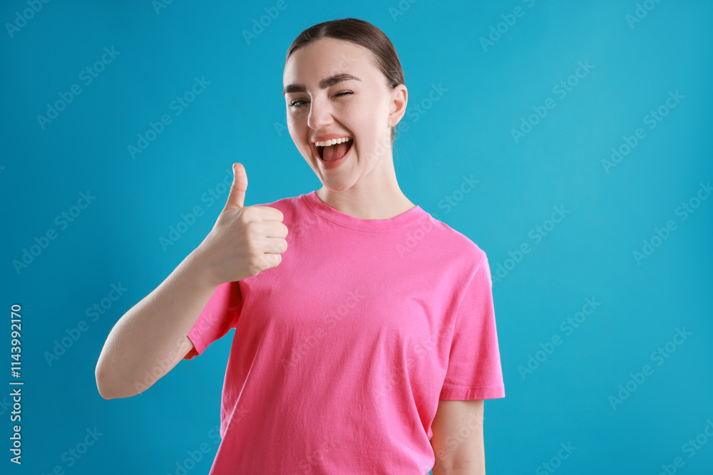 Happy woman showing thumbs up on light blue background. Like gesture