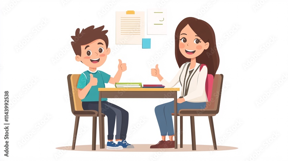 Cheerful children, a boy and girl, smiling and giving thumbs up while studying together at a table in a classroom. Cheerful children, a boy and girl, smiling and giving thumbs up while studying together at a table in a classroom.