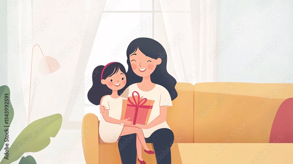 A joyful mother and daughter share a moment on the couch, celebrating a special occasion with a gift. A joyful mother and daughter share a moment on the couch, celebrating a special occasion with a gift.