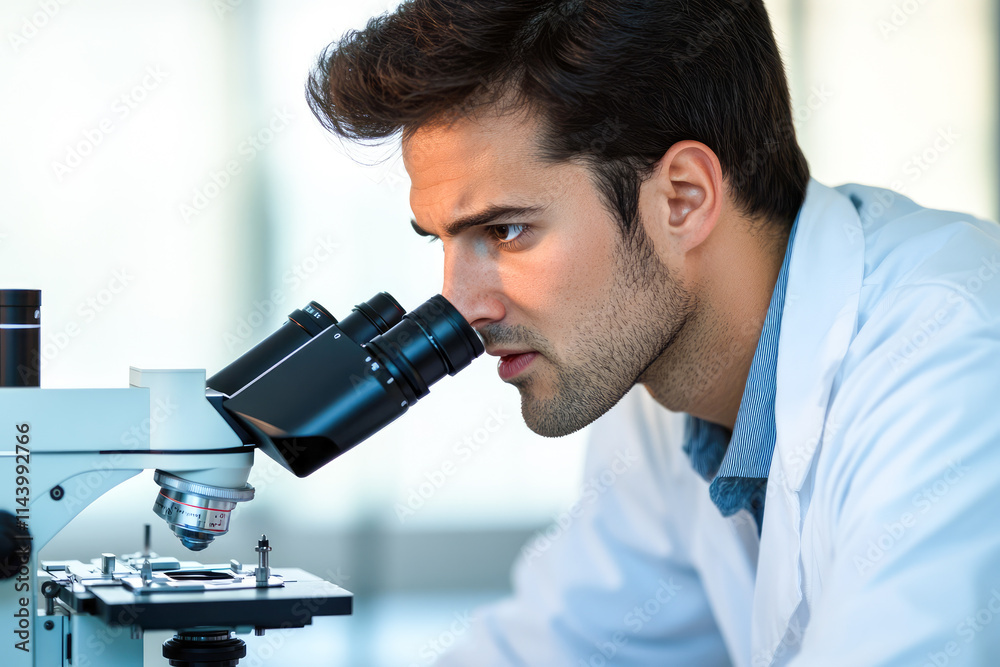 Young caucasian male scientist observing samples through microscope in laboratory Young caucasian male scientist observing samples through microscope in laboratory