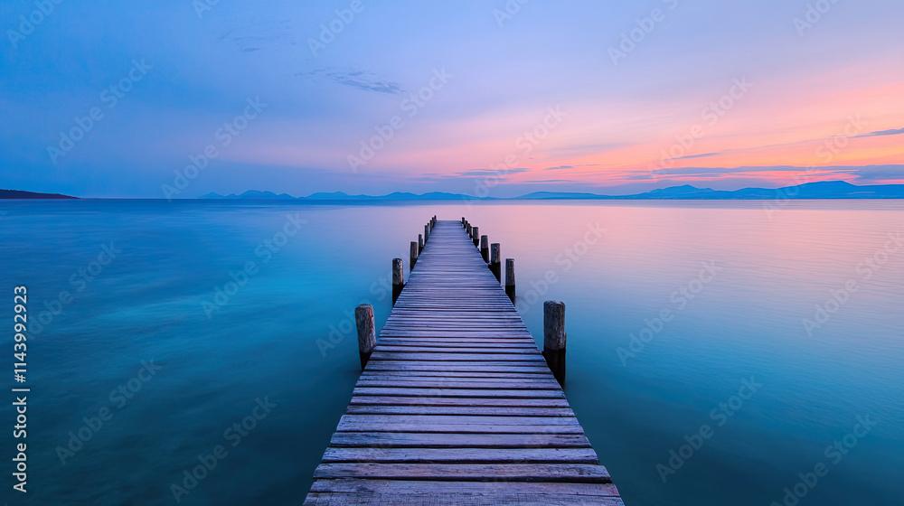 Tranquil sunset over wooden pier serene lake landscape photography calm waters scenic view nature's beauty