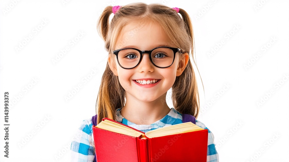 Smiling Caucasian girl with glasses holds a red book, exuding joy and curiosity in a bright, cheerful setting. Smiling Caucasian girl with glasses holds a red book, exuding joy and curiosity in a bright, cheerful setting.