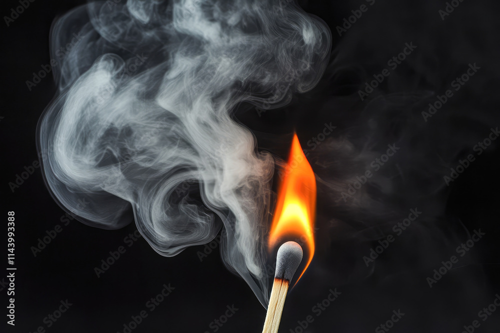 Close-up of a burning matchstick with smoke against a dark background Close-up of a burning matchstick with smoke against a dark background