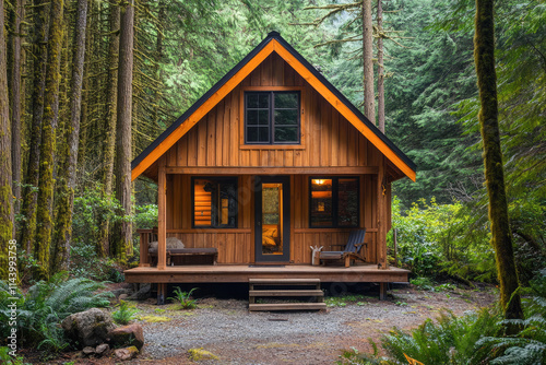 Cozy wooden cabin in serene forest with lush green trees