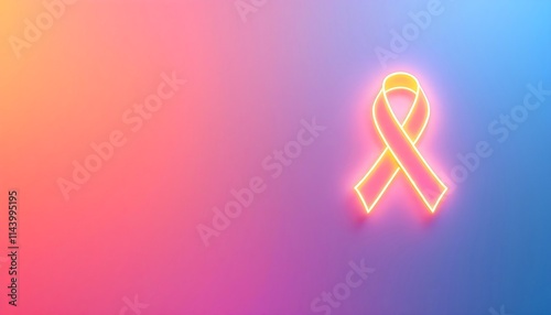 Neon ribbon symbolizing World Cancer Day with vibrant gradient background reflecting awareness and hope. Generative AI photo