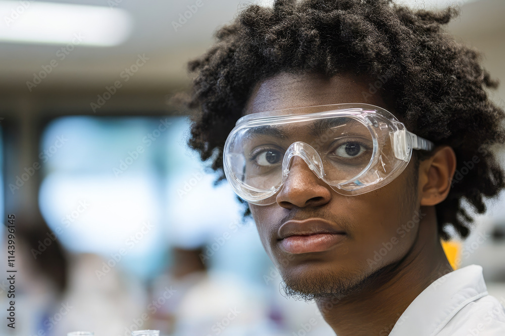 African young male scientist wearing goggles in laboratory setting African young male scientist wearing goggles in laboratory setting