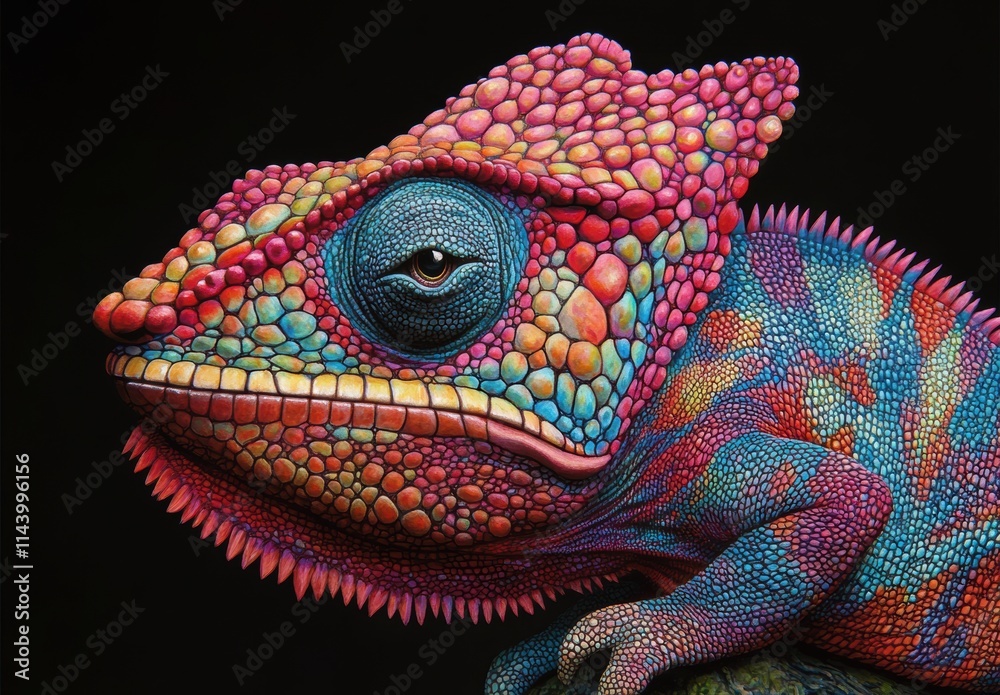 Fototapeta premium Vibrant Chameleon with Intricate Scale Patterns on Dark Background
