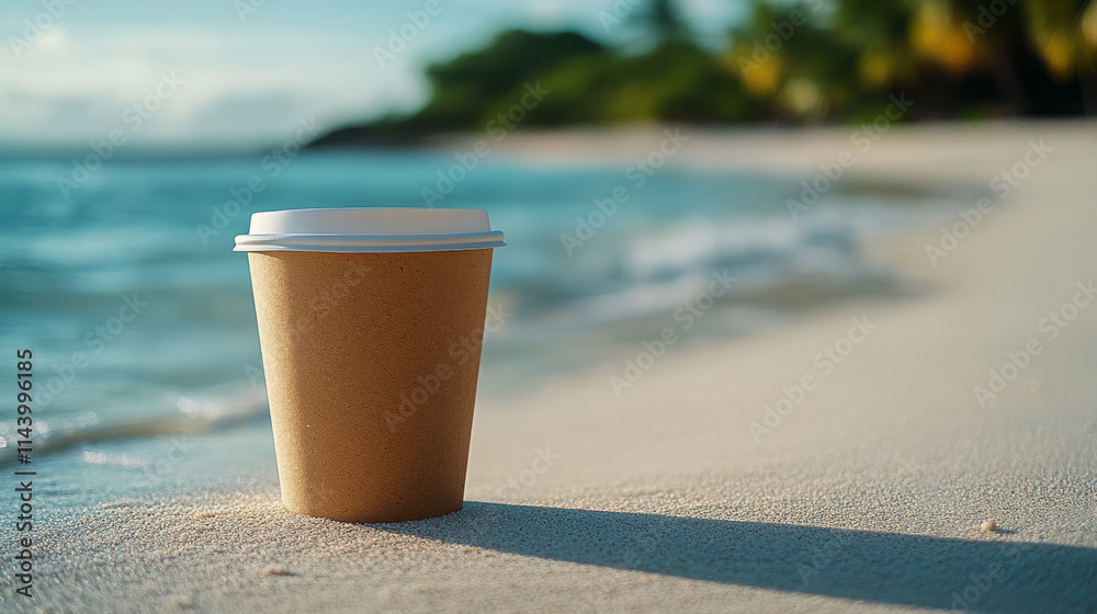 A disposable coffee cup sits on a sandy beach, the ocean waves gently lapping nearby. The serene scene evokes tranquility and relaxation. A disposable coffee cup sits on a sandy beach, the ocean waves gently lapping nearby. The serene scene evokes tranquility and relaxation.