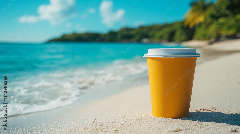 A yellow disposable coffee cup sits on a tropical beach, the turquoise ocean waves gently lapping the shore in the background. A yellow disposable coffee cup sits on a tropical beach, the turquoise ocean waves gently lapping the shore in the background.