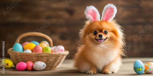 Smiling Pomeranian with Bunny Ears and Easter Decor
