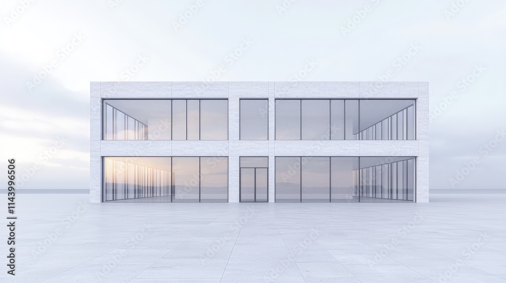 Obraz premium Modern minimalist two-story glass and concrete building exterior.