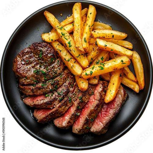 Top view of a delicious looking steak frites on a dark platter isolated on a white transparent background