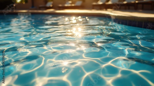 Sparkling pool water reflecting sunlight at sunset.