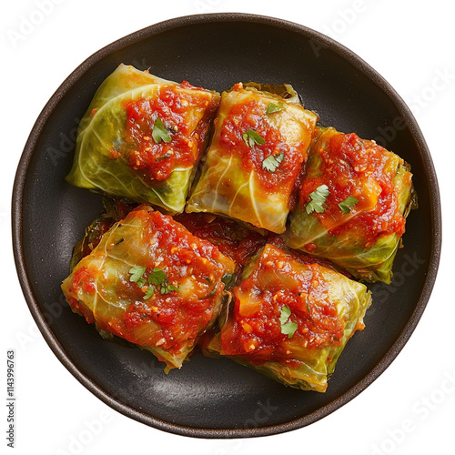 Top view of a delicious looking stuffed cabbage rolls on a dark plate isolated on a white transparent background photo