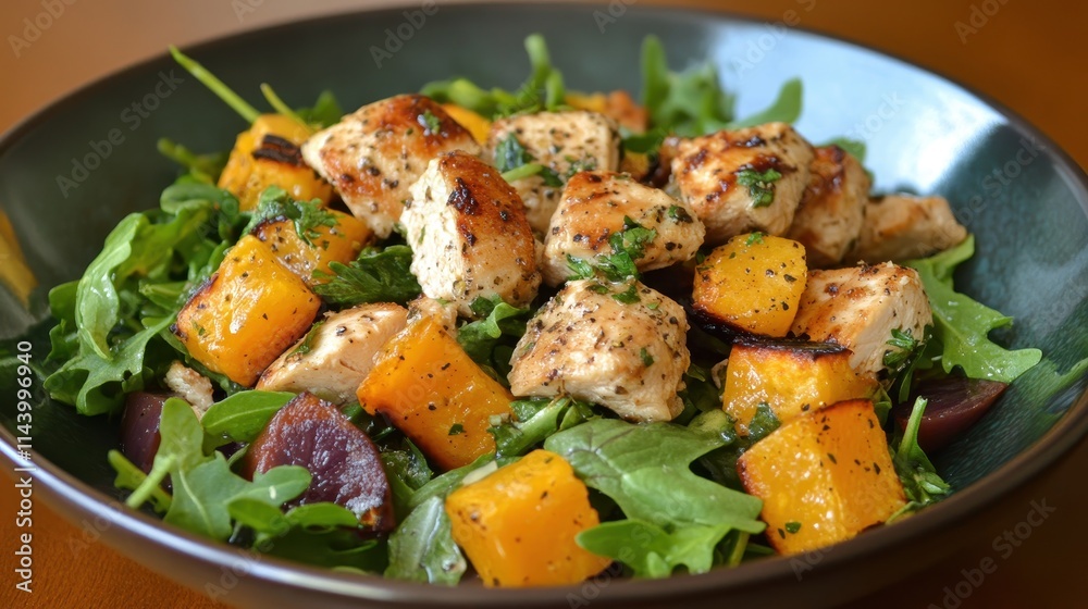 Grilled chicken and butternut squash salad with arugula. Perfect for healthy eating blogs, recipe websites, or restaurant menus. Grilled chicken and butternut squash salad with arugula. Perfect for healthy eating blogs, recipe websites, or restaurant menus.