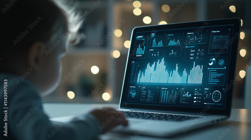 Fototapeta premium Little Analyst: A young child engrossed in a laptop screen, analyzing data and charts. The scene evokes curiosity, a sense of wonder, and the potential of the next generation in the digital world.
