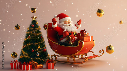 3d illustration Christmas banner of Santa Claus on sleigh with gift box and Christmas tree photo