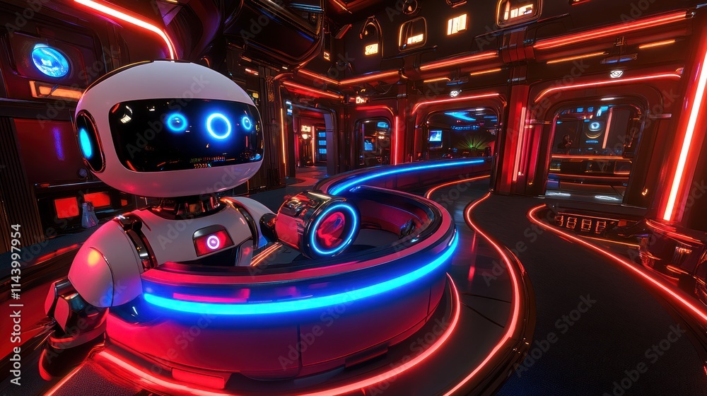 Futuristic robot at a neon-lit reception desk in a spaceship corridor. Futuristic robot at a neon-lit reception desk in a spaceship corridor.