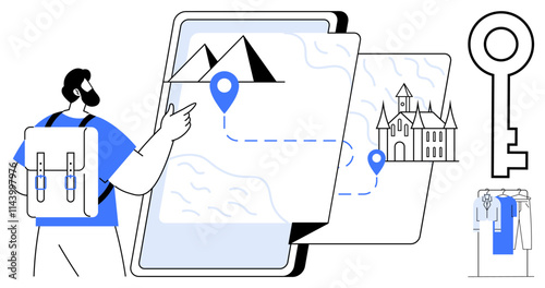 Adventurer with backpack points at tablet showing travel map, featuring mountains and castles. Ideal for travel, tourism, adventure planning, navigation, technology, exploration and education. Line